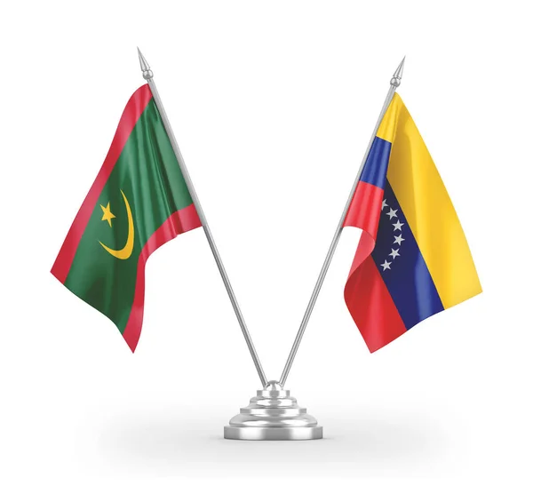 Βενεζουέλα και Μαυριτανία επιτραπέζια σημαίες που απομονώνονται σε λευκό 3d απόδοση — Φωτογραφία Αρχείου