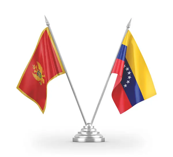 Επιτραπέζιες σημαίες Βενεζουέλας και Μαυροβουνίου απομονωμένες σε λευκή 3d απόδοση — Φωτογραφία Αρχείου