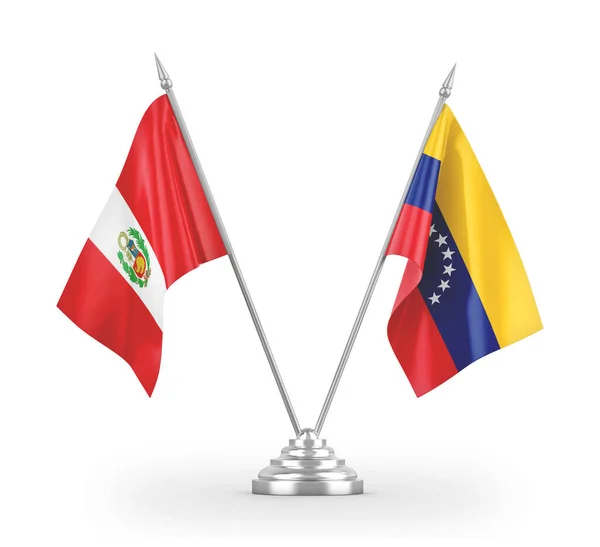 Banderas de mesa Venezuela y Perú aisladas en renderizado 3D blanco — Foto de Stock