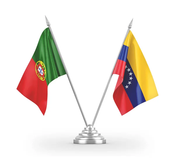 Βενεζουέλα και η Πορτογαλία επιτραπέζια σημαίες απομονώνονται σε λευκό 3d απόδοση — Φωτογραφία Αρχείου