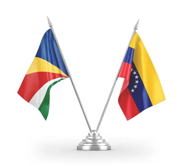 Βενεζουέλα και Σεϋχέλλες επιτραπέζιες σημαίες απομονωμένες σε λευκό 3d απόδοση — Φωτογραφία Αρχείου