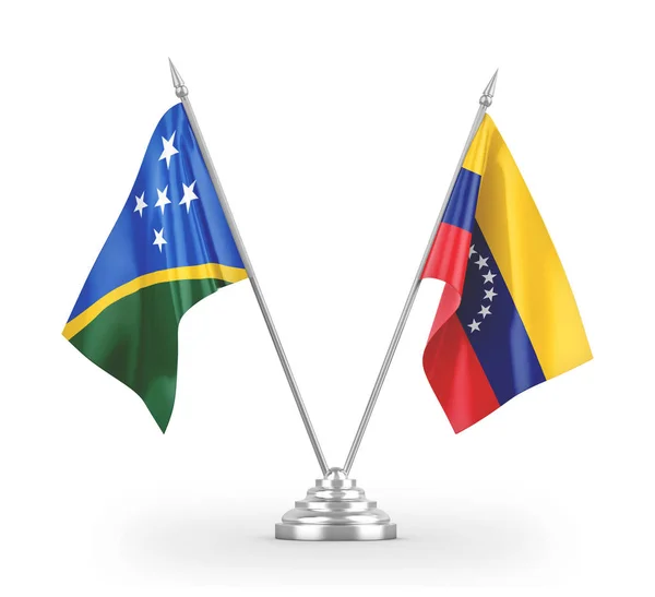 Επιτραπέζιες σημαίες της Βενεζουέλας και των Νήσων Σολομώντος απομονωμένες σε λευκό 3d — Φωτογραφία Αρχείου