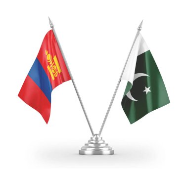 Pakistan ve Moğolistan masa bayrakları beyaz 3D görüntüleme üzerinde izole edildi