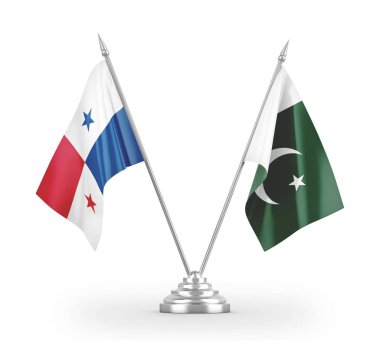 Pakistan ve Panama masa bayrakları beyaz 3D görüntülerde izole edildi