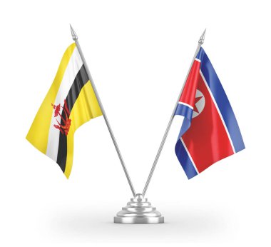 North Korea and Brunei table flags isolated on white 3D rendering