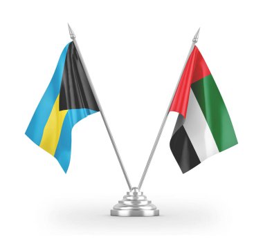United Arab Emirates and Bahamas table flags isolated on white 3D rendering 