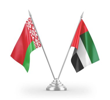 United Arab Emirates and Belarus table flags isolated on white 3D rendering 