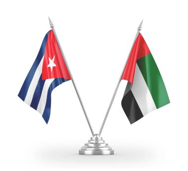 United Arab Emirates and Cuba table flags isolated on white 3D rendering