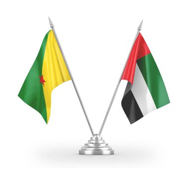 United Arab Emirates and French Guiana table flags isolated on white 3D rendering