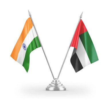 United Arab Emirates and India table flags isolated on white 3D rendering