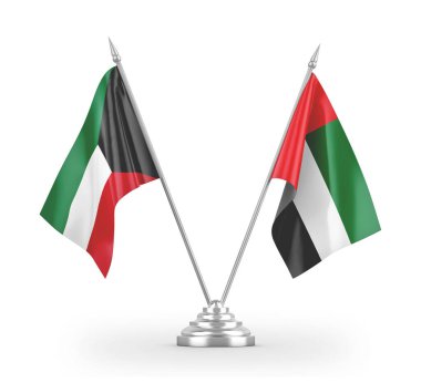 United Arab Emirates and Kuwait table flags isolated on white 3D rendering