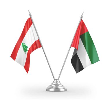 United Arab Emirates and Lebanon table flags isolated on white 3D rendering
