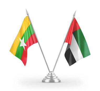 United Arab Emirates and Myanmar table flags isolated on white 3D rendering