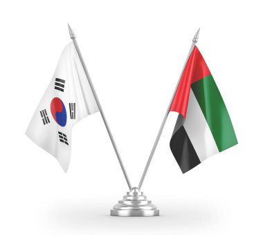 United Arab Emirates and South Korea table flags isolated on white 3D rendering