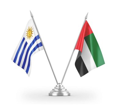 United Arab Emirates and Uruguay table flags isolated on white 3D rendering