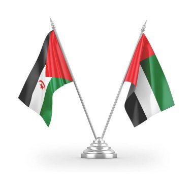 United Arab Emirates and Western Sahara table flags isolated on white 3D rendering