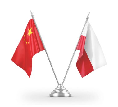 Poland and China table flags isolated on white 3D rendering