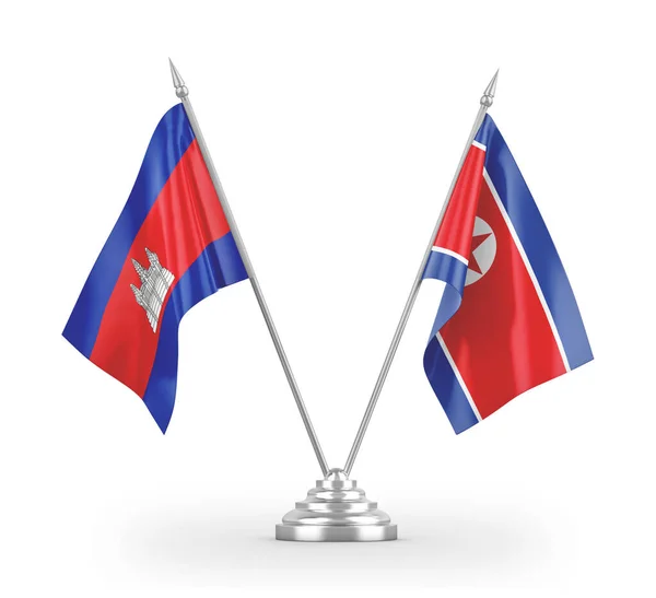 Noord-Korea en Cambodja tabel vlaggen geïsoleerd op witte 3d rendering — Stockfoto
