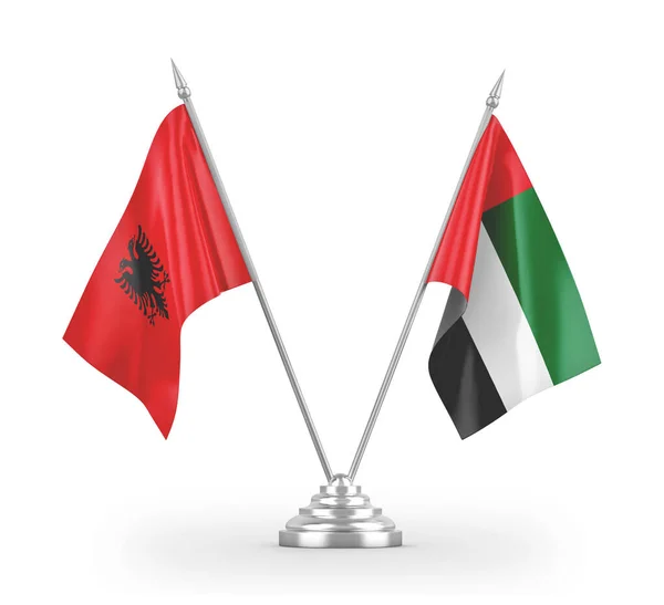 Banderas de mesa de los Emiratos Árabes Unidos y Albania aisladas en renderizado 3D blanco —  Fotos de Stock