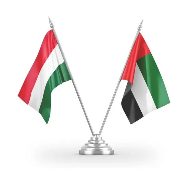 Banderas de mesa de los Emiratos Árabes Unidos y Hungría aisladas en renderizado 3D blanco —  Fotos de Stock