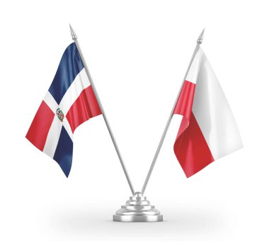 Poland and Dominican Republic table flags isolated on white 3D rendering
