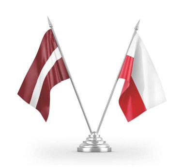 Poland and Latvia table flags isolated on white 3D rendering