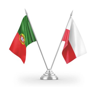 Poland and Portugal table flags isolated on white 3D rendering