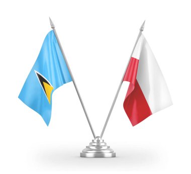 Poland and Saint Lucia table flags isolated on white 3D rendering