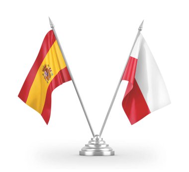 Poland and Spain table flags isolated on white 3D rendering