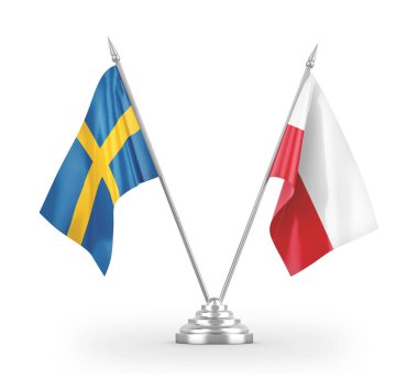 Poland and Sweden table flags isolated on white 3D rendering