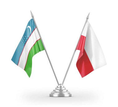 Poland and Uzbekistan table flags isolated on white 3D rendering