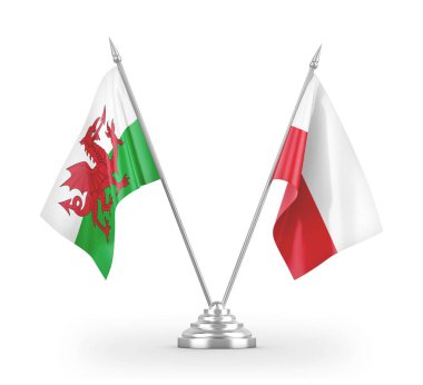 Poland and Wales table flags isolated on white 3D rendering