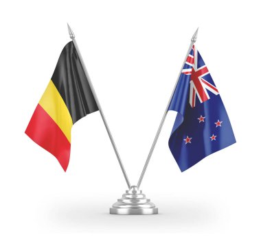 New Zealand and Belgium table flags isolated on white 3D rendering 