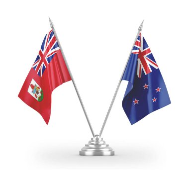 New Zealand and Bermuda table flags isolated on white 3D rendering