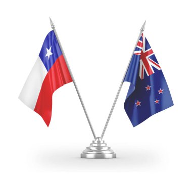 New Zealand and Chile table flags isolated on white 3D rendering