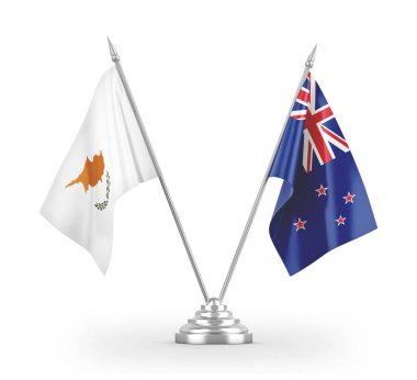 New Zealand and Cyprus table flags isolated on white 3D rendering