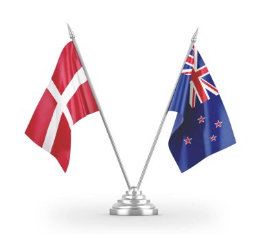 New Zealand and Denmark table flags isolated on white 3D rendering