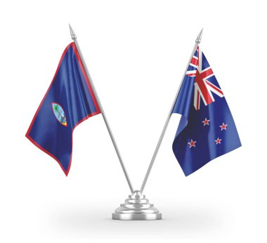 Yeni Zelanda ve Guam masa bayrakları beyaz 3d görüntüleme üzerinde izole