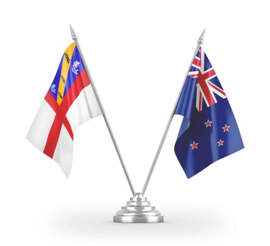 Yeni Zelanda ve Herm masa bayrakları beyaz 3D görüntüleme üzerinde izole edildi