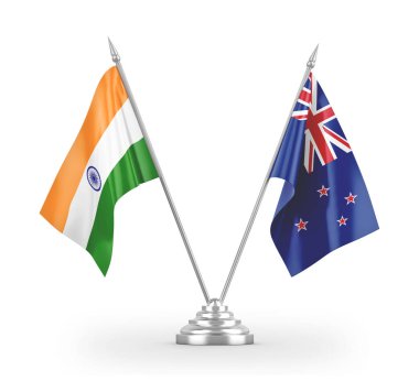 Yeni Zelanda ve Hindistan masa bayrakları beyaz 3D görüntüleme üzerinde izole