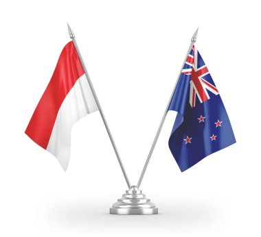 Yeni Zelanda ve Endonezya masa bayrakları beyaz 3D görüntüleme üzerinde izole