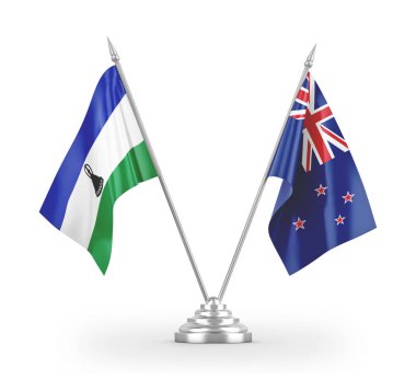 Yeni Zelanda ve Lesotho masa bayrakları beyaz 3d görüntüleme üzerinde izole