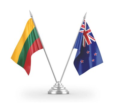 Yeni Zelanda ve Litvanya masa bayrakları beyaz 3D görüntüleme üzerinde izole edildi