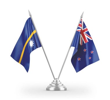 Yeni Zelanda ve Nauru masa bayrakları beyaz 3D görüntüleme üzerinde izole