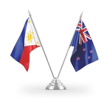 Yeni Zelanda ve Filipinler masa bayrakları beyaz 3D görüntüleme üzerinde izole
