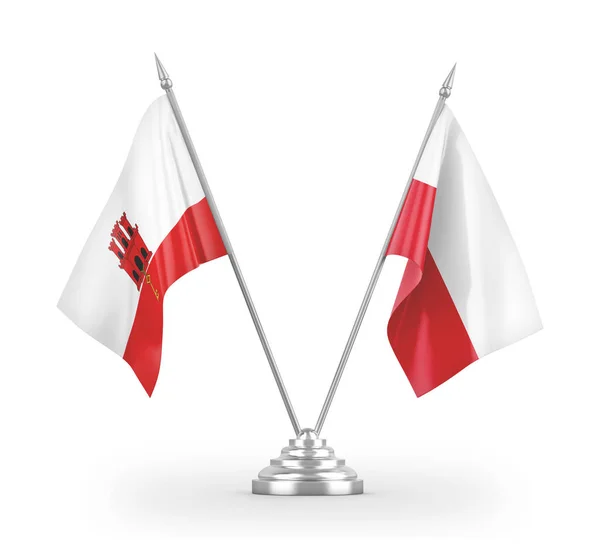 Flagi stołów Polski i Gibraltaru odizolowane na białym renderingu 3d — Zdjęcie stockowe