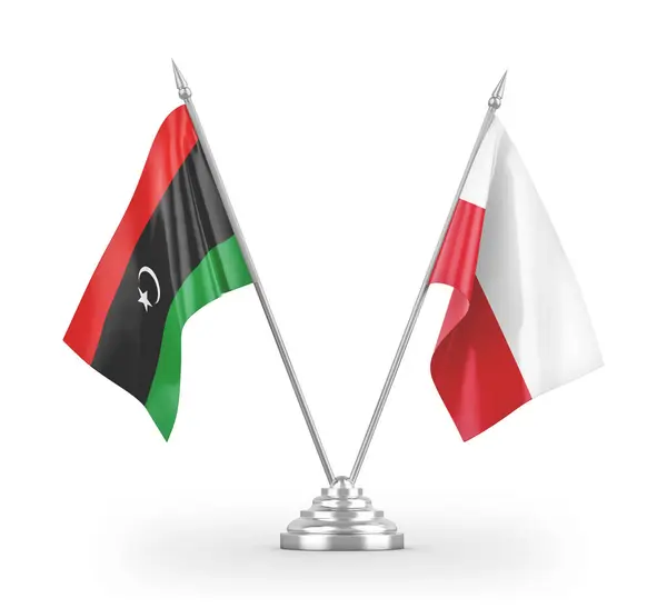 Flagi stołowe Polski i Libii izolowane na białym 3d renderingu — Zdjęcie stockowe