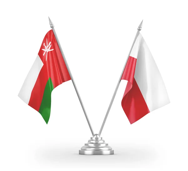 Flagi stołowe Polski i Omanu izolowane na białym renderingu 3d — Zdjęcie stockowe