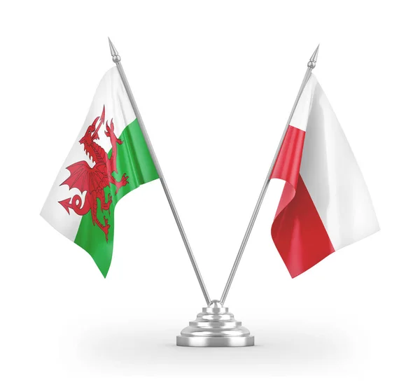 Poland and Wales table flags isolated on white 3D rendering — 图库照片
