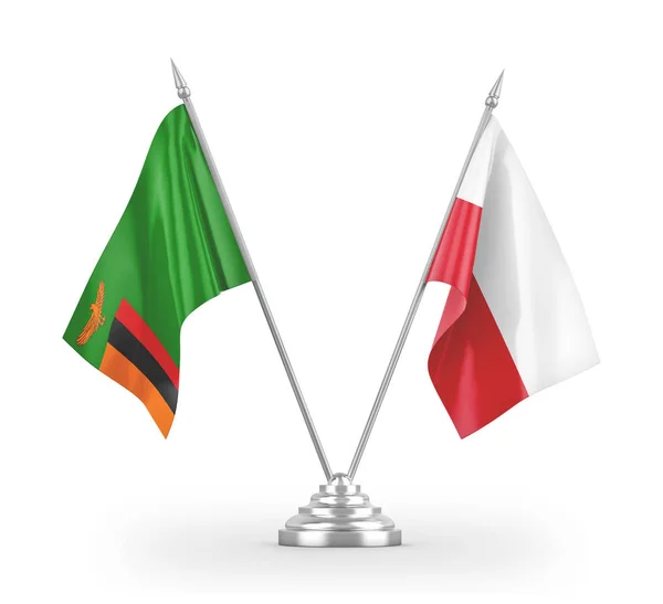 Flagi stołowe Polski i Zambii izolowane na białym renderingu 3d — Zdjęcie stockowe